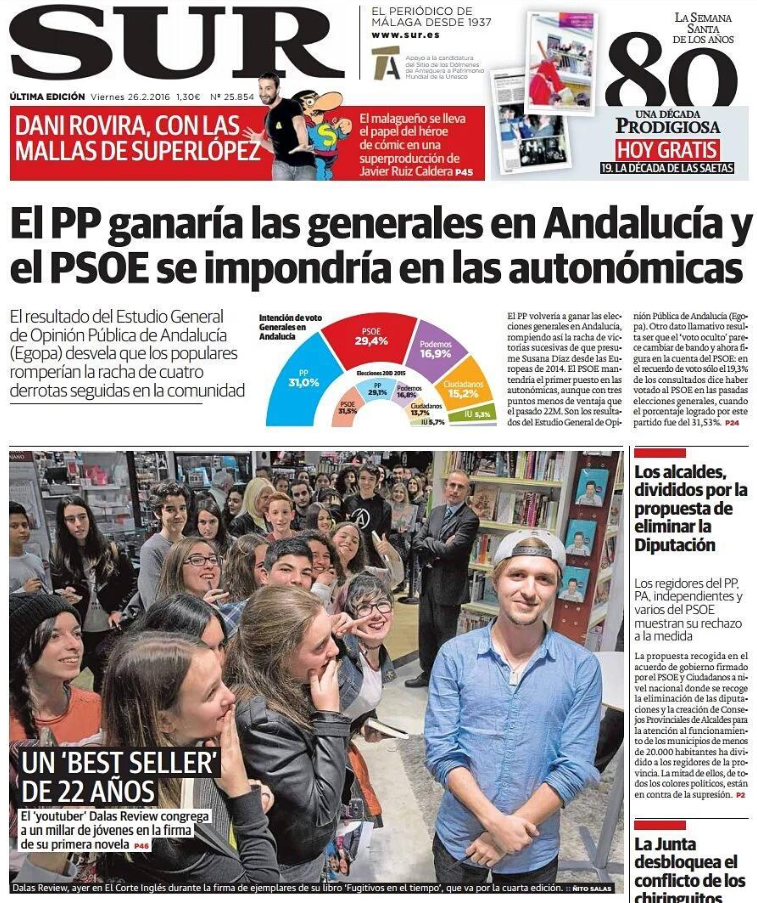 Portada del diario SUR: «Un bestseller de 22 años», sobre Dalas Review (Daniel José Santomé Lemus) y Fugitivos en el tiempo