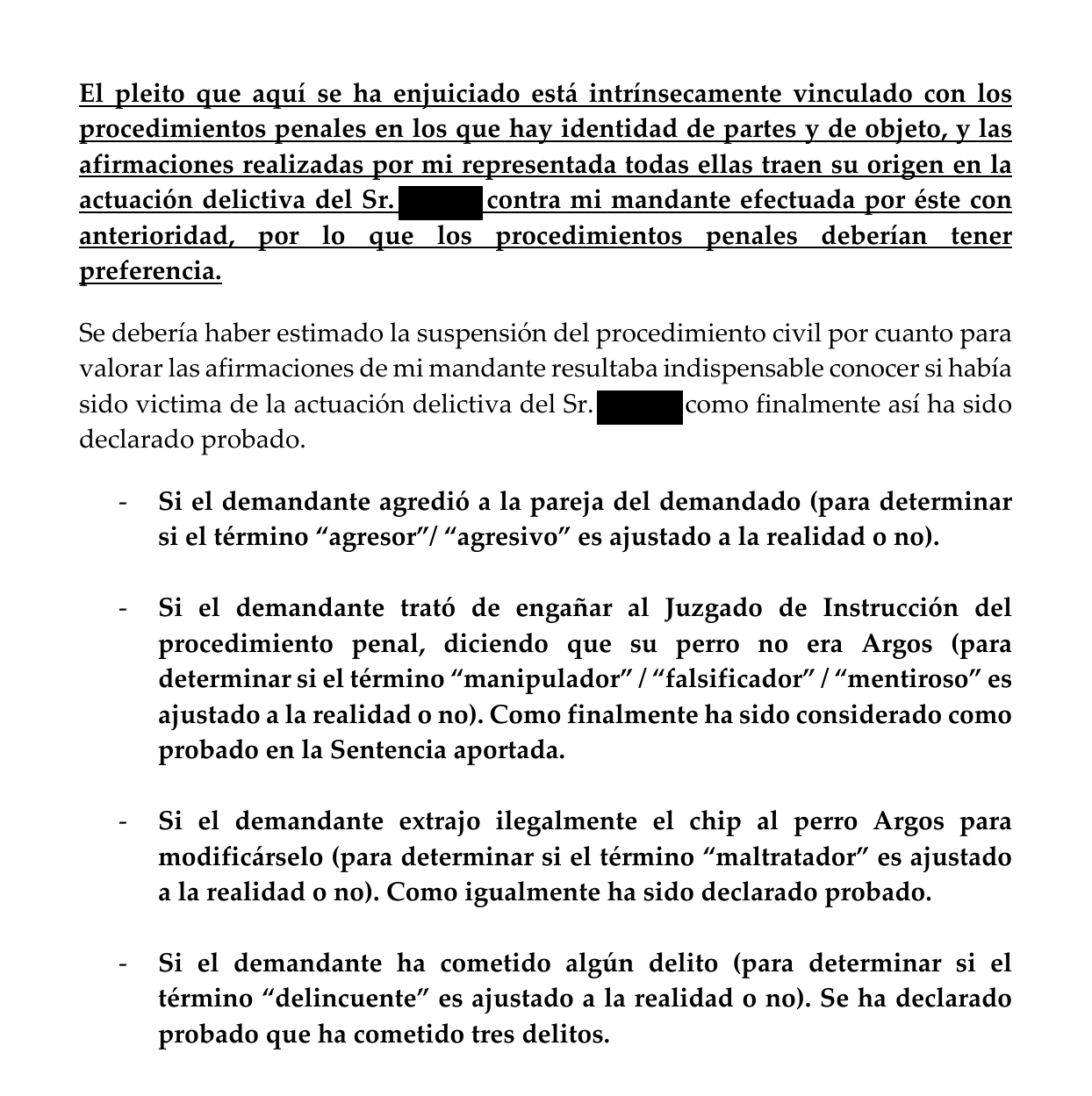 Extracto anonimizado del recurso que vincula el pleito civil con los procedimientos penales y enumera los hechos que debían resolverse primero