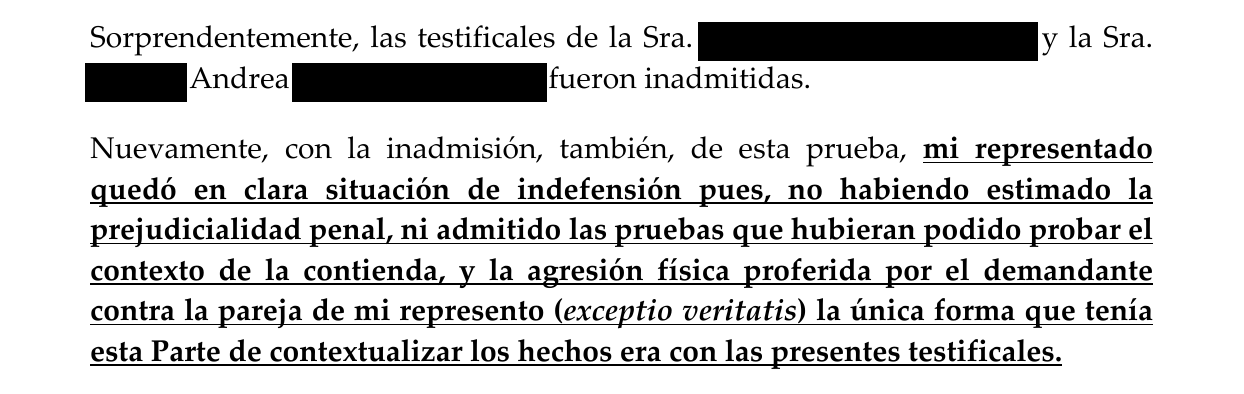 Extracto anonimizado del recurso sobre la inadmisión de las testificales destinadas a probar el contexto y el incidente
