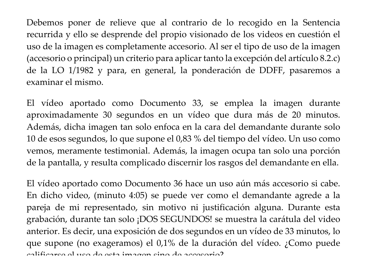 Extracto anonimizado del recurso de apelación que cuantifica el uso de la imagen en dos vídeos como 0,83 y 0,1 por ciento de su duración